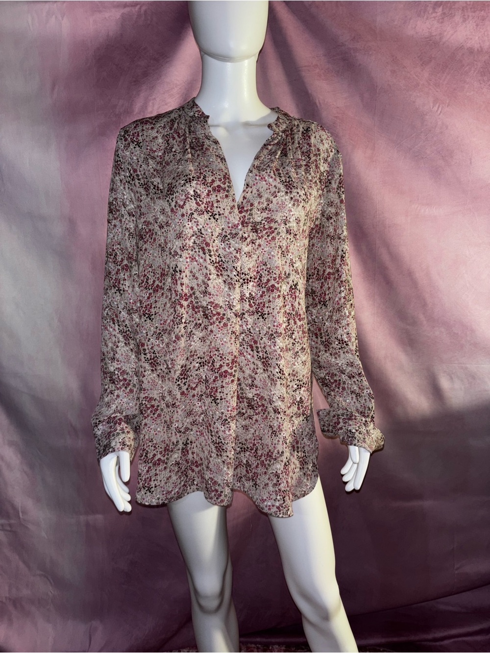 LOFT Cream Blouse with Burgundy Floral Print